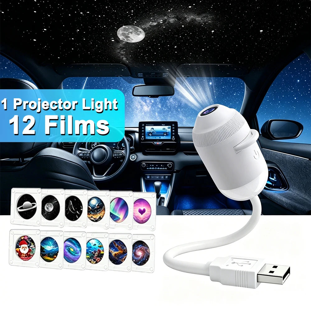 2 in 1 USB Star Galaxy Projector Light Car Interior Roof Ambient Projection Lamp Manual Focus Atmosphere Starry Sky Night Light
